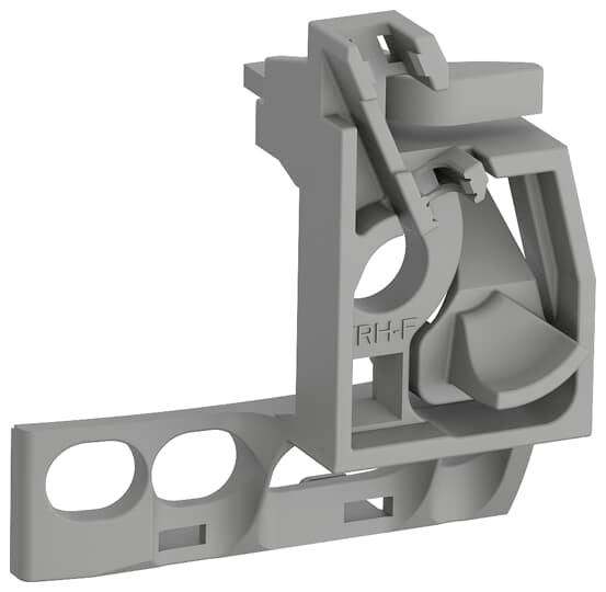 Graues mechanisches Bauelement mit mehreren Öffnungen und Haken. Dient möglicherweise als Halterung oder Verbindungsteil in einer technischen Konstruktion.