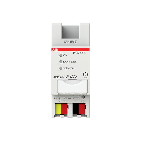 ABB i-bus KNX Gateway-Modul mit LAN (PoE) Anschluss, Anzeigen für ON, LAN/LINK, Telegram, Modellnummer IPS/S 3.5.1.
