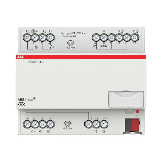 ABB KNX Busankoppler BCI/S 1.1.1, zeigt Anschlussklemmen und Betriebsanzeige. Steuerung für intelligente Gebäudetechnik.