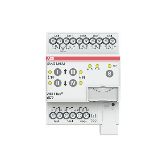 ABB Schaltaktor SAH/S 8.16.7.1, 8-fach, für KNX-Systeme, zeigt Anschlussklemmen, LEDs und Steuerungselemente zur Gebäudeautomation.