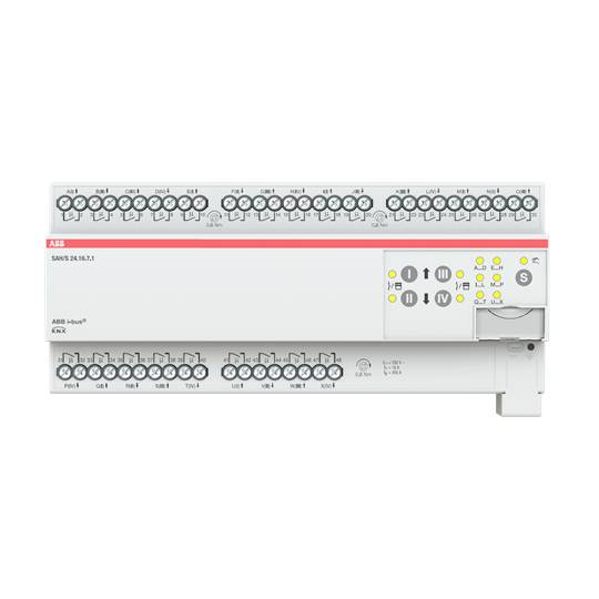 KNX-Schaltaktor der Marke ABB mit mehreren Anschlüssen und LED-Statusanzeigen, verwendet zur Steuerung von elektrischen Geräten im Gebäudeautomation.