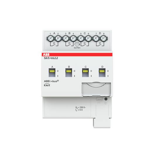 Ein KNX-Schaltaktor von ABB mit vier Kanälen, geeignet für die Gebäudeautomation, zeigt Kontroll- und Anschlussmöglichkeiten.