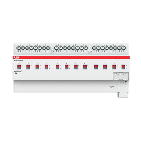 ABB KNX Schaltaktor mit 12 Schaltern, Modell SA/S12.16.2.2, zum Steuern elektrischer Geräte in Smart-Home-Systemen.