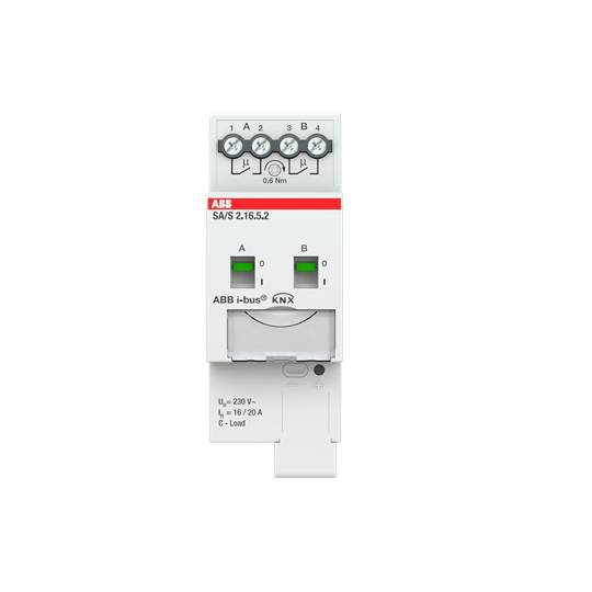 Ein weißes ABB KNX-Schaltgerät, Modellnummer 'SAS/S.2.16.5.2', mit zwei grünen Statusanzeigen und Schraubklemmen oben.