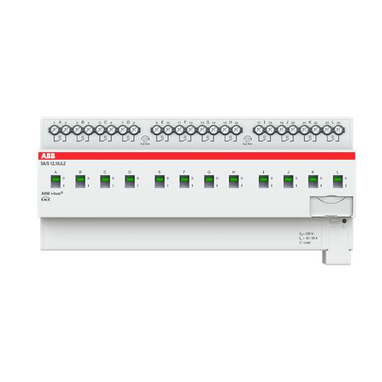 ABB-Modul mit zwölf grünen LED-Anzeigen, nummerierten Anschlüssen oben und Markierungen unten, zeigt Verbindungen an.