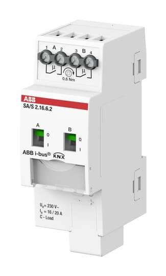 Ein elektronisches Steuergerät von ABB, Modell SA/S 2.16.6.2, mit Anschlüssen oben und Kennzeichnungen 'A', 'B' für Ausgänge.