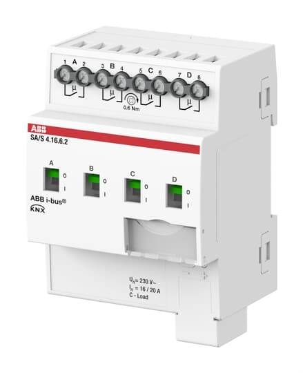 'ABB KNX-Schaltaktor SA/S 4.16.6.2 mit 8 Anschlussklemmen und 4 grüne LEDs zur Anzeige, geeignet für 230V Betriebsspannung'.
