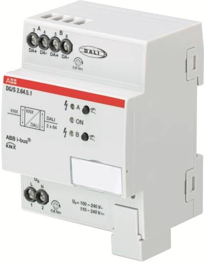 Grau-weißer ABB KNX DALI-Gateway DG/S 2.64.5.1 mit mehreren Anschlüssen und Kontrollleuchten zur Steuerung und Integration von Lichtsystemen.