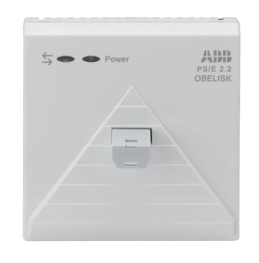Weiße ABB Einsatzgerätbox mit der Beschriftung 'ABB PS/E 2.2 OBELISK'. Zwei Kontrollleuchten und der Schriftzug 'Power' oben links.