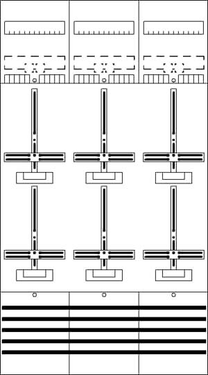 Diagramm zeigt das Layout einer Schalttafel mit sechs vertikalen Schaltern in zwei Reihen und oben Messskalen für jeden Schalter.