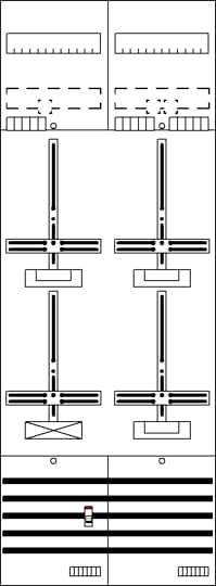 Ein detailliertes Schaltplanlayout mit mehreren Reihen von Schaltern, einigen verbundenen Linien und einem markanten roten Schalter in der Mitte.