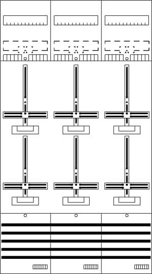Schwarz-weißes Diagramm eines technischen Geräts mit mehreren Schaltknöpfen und Schaltern, möglicherweise ein Mischpult.