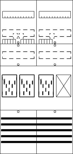 Ein schwarz-weißer Linienplan mit geometrischen Formen und Mustern, bestehend aus Rechtecken, Linien, Kreisen und Kreuzmarkierungen.