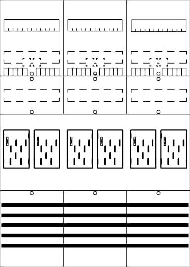 Diagramm mit sechs Abschnitten: Oben drei Kästchen mit Doppellinien, darunter zwei Reihen aus vier Kästchen mit Schraffuren.