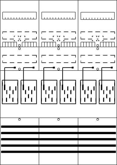Schaltplan für ein elektrisches System: zeigt mehrere parallele Schaltkreise mit Leitungen, Schaltern und Widerstandssymbolen.