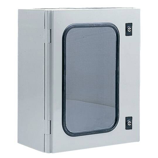 Metallischer Schaltschrank mit transparenter Glastür und zwei schwarzen Scharnieren.