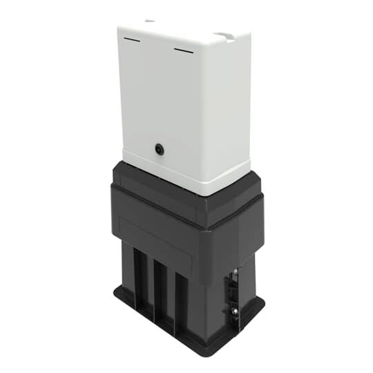 Ein schwarzes und weißes rechteckiges Gerät, montiert auf einer Basis. Möglicher Einsatz in technischen oder elektrischen Anwendungen.