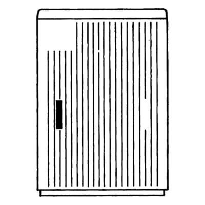 Schwarz-weiße Zeichnung eines rechteckigen Schranks mit vertikalen Streifen und einem Griff auf der linken Seite.