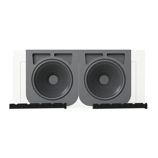 Ein weißer Lautsprecher mit zwei runden, schwarzen Schallöffnungen, eingebaut in eine rechteckige Halterung.