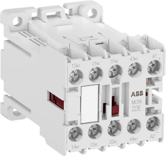 'Ein weißer, rechteckiger elektrischer Schütz mit mehreren Schraubanschlüssen und einem roten Schalter, markiert mit 