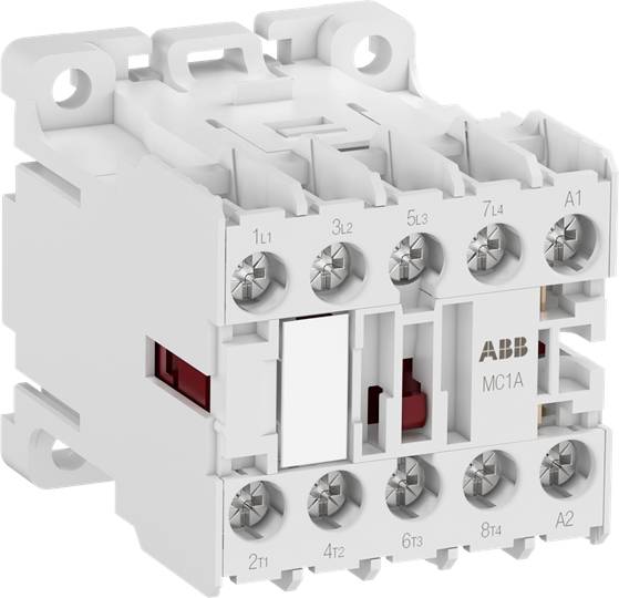 Ein weißer elektrischer Schütz mit mehreren Schraubklemmen und der Beschriftung 'ABB MC1A'. Geeignet für den Einsatz in Schaltschränken.