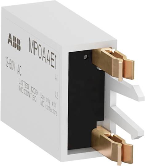 Ein weißes elektronisches Bauteil mit den Aufschriften 'ABB MPOAAE1', '12-60 V AC', und 'verwenden mit MC-Schützen'. Kupferne Anschlüsse sichtbar.