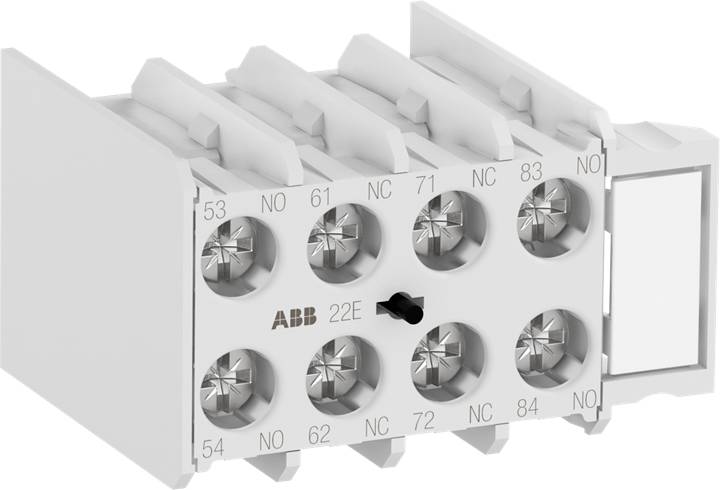 Ein achtpoliges Relaismodul in einem grauen Gehäuse, mit Anschlussklemmen beschriftet von 53 bis 84 und Markierung 'ABB 22E' in der Mitte.