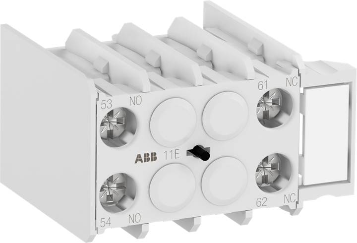 Relaisblock der Marke ABB mit mehreren Kontakten beschriftet als NO, NC, 53, 54, 61, 62. Gezeigt in einem Winkel, der die Front und Seite sichtbar macht.
