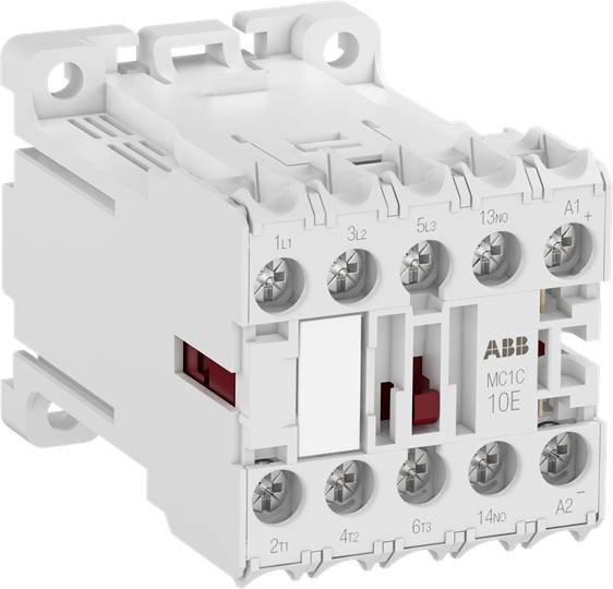 Ein elektrisches Schütz mit mehreren Anschlüssen und der Aufschrift 'ABB MC1C 10E', verwendet zur Steuerung von elektrischen Stromkreisen.