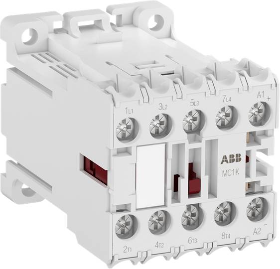 Ein weißer elektrischer Schütz mit mehreren Schraubklemmen und der Aufschrift 'ABB MC1K' verwendet in elektrischen Schaltkreisen.