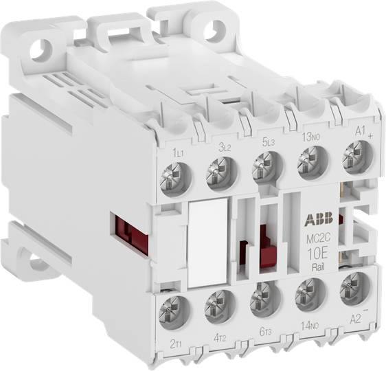 Ein elektrischer Schütz von ABB in weiß, mit mehreren Anschlussklemmen. Modellnummer ist 'MC2C 10E'.