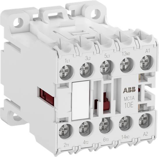Ein weißer elektrischer Schütz von ABB mit mehreren Schraubklemmen und Beschriftungen auf der Vorderseite zur Steuerung elektrischer Stromkreise.