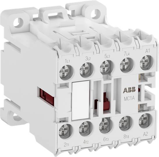 Ein weißer elektrischer Schütz mit mehreren Anschlussklemmen, auf dem 'ABB MC1A' steht. Geeignet für industrielle elektrische Steuerungen.