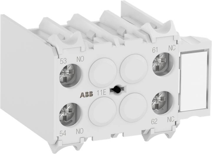 Ein weißer elektrischer Schaltblock mit Kontakten und der Aufschrift 'ABB 11E'. Verbindungen mit Nummern 53, 54, 61, 62 sind sichtbar.