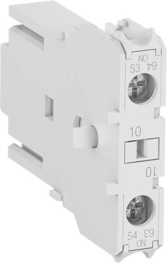 Elektrisches Bauteil mit grauem Gehäuse und zwei Schraubklemmen. Beschriftungen '53', '63', '54', '64', 'ON', 'NO', '10'.