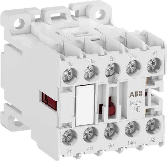 Weißer ABB-Schütz mit Aufschrift 'MC2A 10E', zeigt Anschlussklemmen und Produktkennzeichnung auf der Vorderseite.