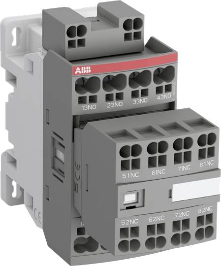 Ein graues ABB-Schütz mit mehreren Anschlussklemmen, zum Schalten von elektrischen Lasten in industriellen Steuerungsanwendungen.