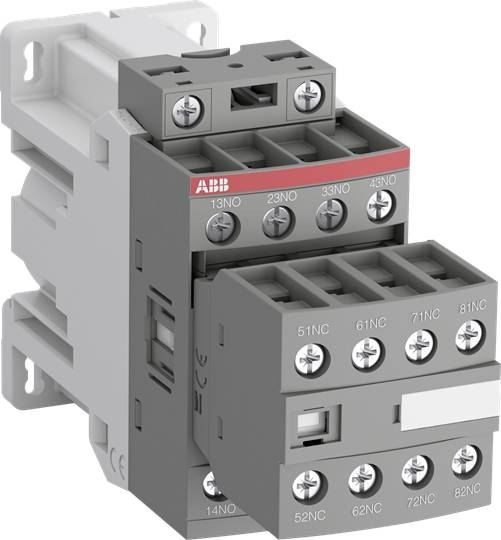 Ein grauer elektrischer Schütz mit mehreren Beschriftungen und Schrauben, geeignet für industrielle Anwendungen in der Steuerungstechnik.
