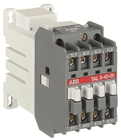 Ein elektrischer Schütz der Marke ABB, Modell TAL 9-40-00, mit mehreren Anschlussklemmen, zur Steuerung elektrischer Schaltungen.
