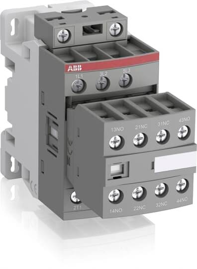 ABB-Schütz, dreipoliges Design, Modell mit mehreren Anschlüssen und Schraubklemmen. Wird für industrielle Steuerungen verwendet.