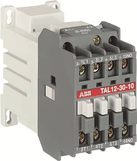 Ein graues ABB-Schützmodell 'TAL12-30-10' mit mehreren Anschlussklemmen und weißen Steuerelementen, zur Schaltung in elektrischen Anlagen.
