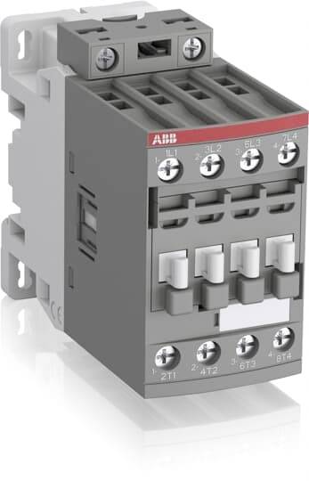 Ein grauer elektrischer Leistungsschütz mit roten und schwarzen Markierungen. Es hat mehrere Anschlüsse an der Vorderseite.