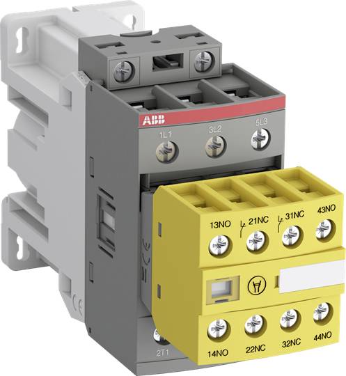 Industrieschütz mit mehreren Anschlüssen, hauptsächlich grau und gelb gefärbt, evtl. zur Steuerung von Elektromotoren verwendet.