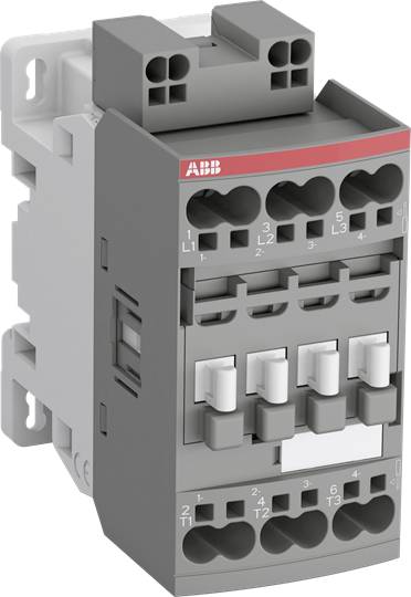 Elektrischer Schütz von ABB, mit Anschlüssen für verschiedene Phasen (L1, L2, L3) und Ausgänge (T1, T2, T3), für Laststeuerung.