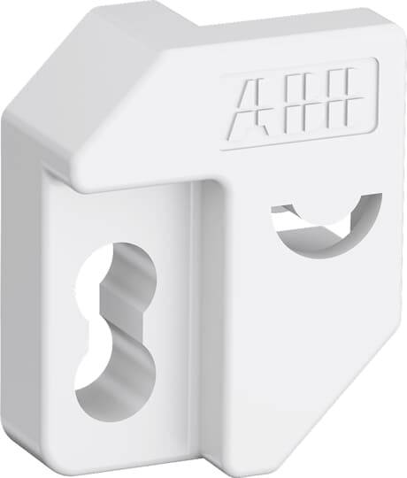 Weiße Kunststoffhalterung mit zwei Löchern, eine quadratisch und eine rechteckig, mit 'ABB' Prägung in der oberen Ecke.