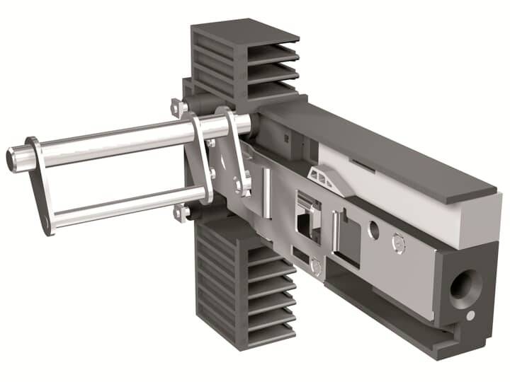Mechanische Haltevorrichtung mit Metallarmen und Rippenbestrukturung, geeignet für technische Anwendungen und präzise Ausrichtungen.