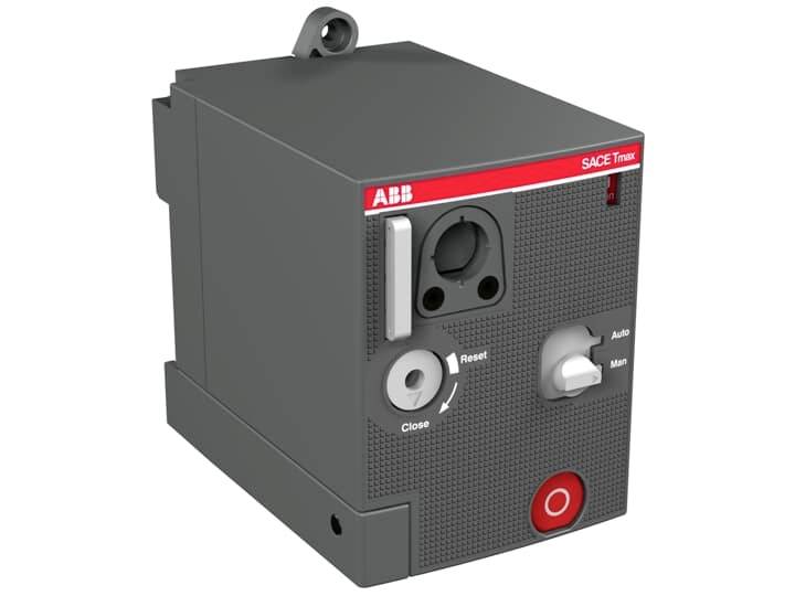 Ein graues ABB SACE Tmax Schaltergehäuse mit Rotationsschalter und rotem Knopf auf der Vorderseite.