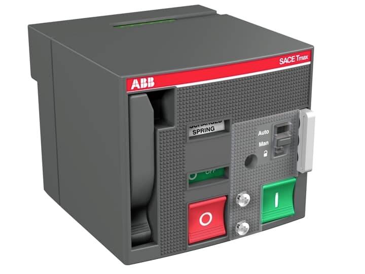 Elektrischer Leistungsschalter, Modell SACE Tmax von ABB, mit roten (O) und grünen (I) Tasten zur Steuerung der Stromversorgung.