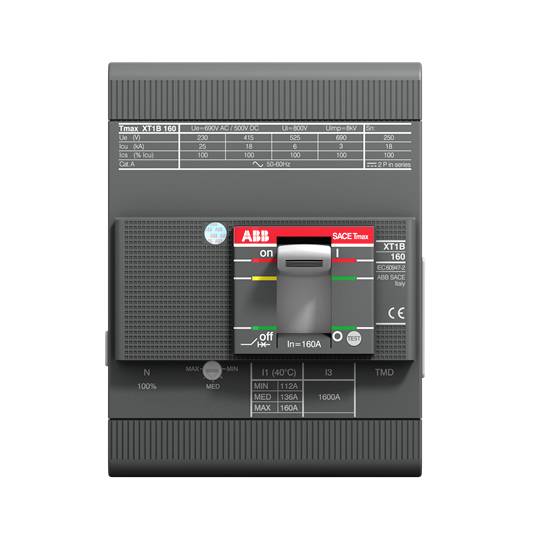 Ein elektrischer Leistungsschalter mit der Bezeichnung 'ABB SACE Tmax XT1B 160', zeigt On/Off-Position und technische Spezifikationen.