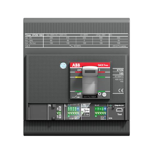 Ein automatischer Leistungsschalter mit ABB-Logo, Modell XT2N 160, zeigt 'on' und 'off' Schalterzustände, technische Spezifikationen oben.